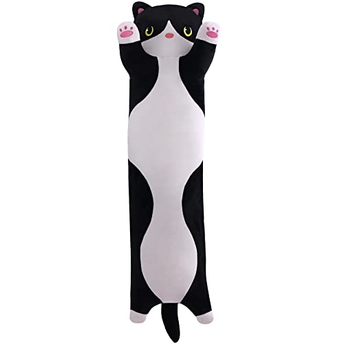 SNOWOLF Katze Weiche Kissen Plüsch Long Throw Schlafkissen Baumwolle Kätzchen Kissen Kuschelig Gefüllte Niedliche Plüschpuppe Spielzeug Stofftiere Plüschtier Geschenk (Schwarz, 90cm) von SNOWOLF
