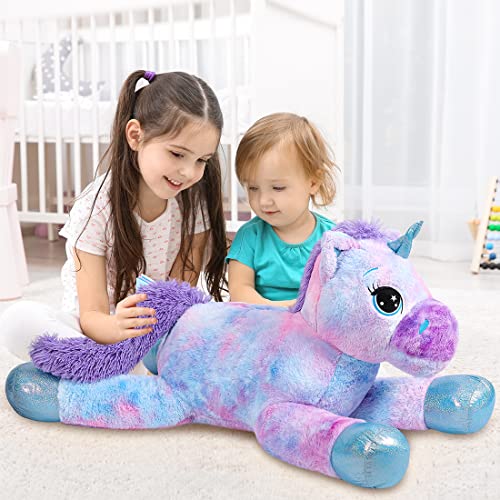 SNOWOLF Riesen Plüsch Spielzeug Einhorn Großes Plüsch Tier Spielzeug Plüsch Kissen Großes großes großes Pferd Plüsch Fluffy mehrfarbiges Einhorn Geschenk für Kinder Mädchen Jungen(blau,80cm) von SNOWOLF