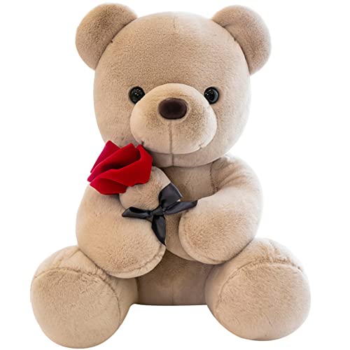 SNOWOLF Teddybär Plüschtier mit Rose, süßes Stofftier Spielzeug Kissen Bär Puppe Geschenk für Kinder Jungen Mädchen Geburtstag Weihnachten Valentinstag (23cm, Braun) von SNOWOLF