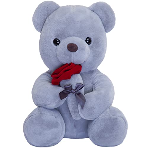 SNOWOLF Teddybär Plüschtier mit Rose, süßes Stofftier Spielzeug Kissen Bär Puppe Geschenk für Kinder Jungen Mädchen Geburtstag Weihnachten Valentinstag (23cm, Grau) von SNOWOLF