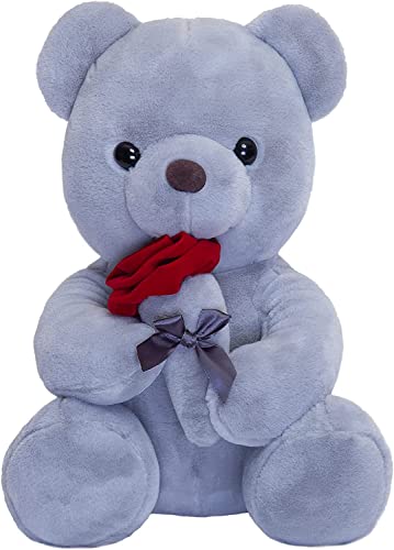 SNOWOLF Teddybär Plüschtier mit Rose, süßes Stofftier Spielzeug Kissen Bär Puppe Geschenk für Kinder Jungen Mädchen Geburtstag Weihnachten Valentinstag (35cm, Grau) von SNOWOLF