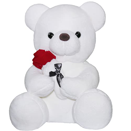 SNOWOLF Teddybär Plüschtier mit Rose, süßes Stofftier Spielzeug Kissen Bär Puppe Geschenk für Kinder Jungen Mädchen Geburtstag Weihnachten Valentinstag (35cm, Weiß) von SNOWOLF