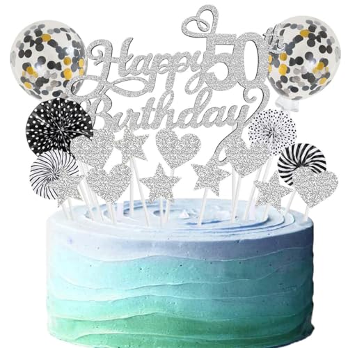 Cake Topper 50 Kuchendeko Geburtstag Frauen Silber Schwarz Happy 50.Birthday Kuchen Deko Tortendeko Geburstagstorte von SNOWZAN