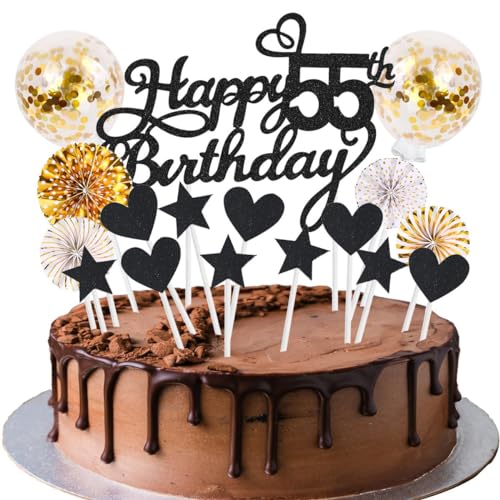 Cake Topper 55 Kuchendeko Geburtstag Frauen Schwarz Gold Happy 55.Birthday Kuchen Deko Tortendeko Geburstagstorte Schwarz Gold von SNOWZAN