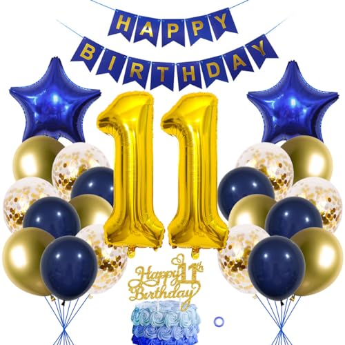 SNOWZAN 11. Geburtstag Deko Junge Mädchen Ballon Marinebla Gold Tortendeko Luftballon Happy Birthday Banner Für Party von SNOWZAN