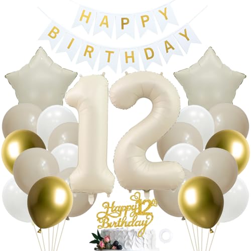 SNOWZAN 12 Geburtstag Deko Mädchen Weiß Gold Deko 12. Geburtstag Mädchen Junge Kuchen Topper Party Deko 12 Geburtstag Junge 12th Birthday Decorations 12 Geburtstag Deko für 12 Jahre Geburtstagsdeko von SNOWZAN