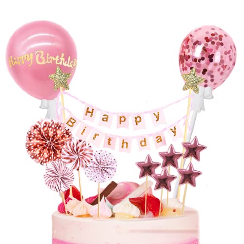 SNOWZAN 12 Stück Rosa Happy Birthday Tortendeko Geburtstag, Kuchendeko Geburtstag Junge, Kuchen Deko Torte Rosa Glitzer Geburtstagstorte mit Konfetti Luftballon Sternen für 18 Geburtstag Junge von SNOWZAN