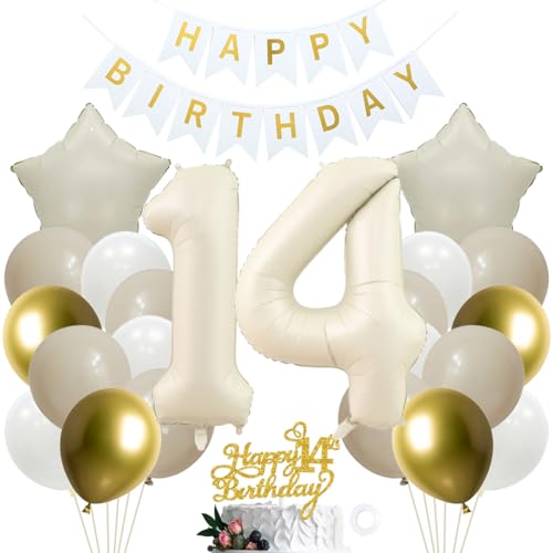 SNOWZAN 14. Geburtstag Deko für Mädchen und Jungen - Weiß Gold Party Set mit Kuchen Topper - 14th Birthday Decorations für 14 Jahre Geburtstagsdeko von SNOWZAN
