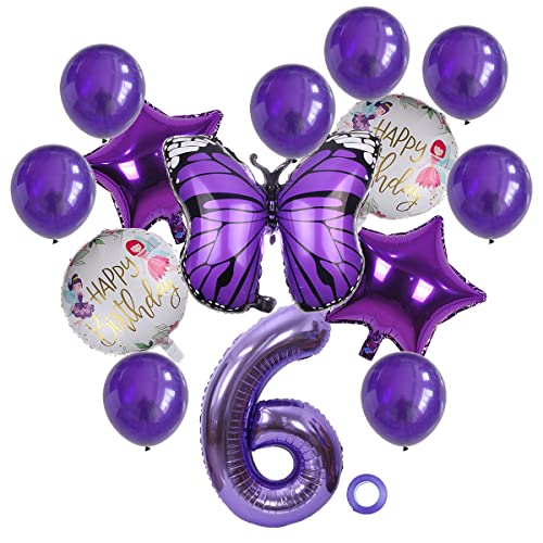 SNOWZAN 15 Stück Lila Schmetterling Geburtstag Dekoration 6 Jahr Mädchen Schmetterling Kindergeburtstag Deko 6 Jahr Mädchen Schmetterlinge Folienballon 6. Geburtstag Mädchen von SNOWZAN