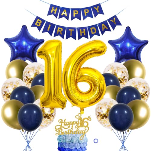 SNOWZAN 16. Geburtstag Deko Junge Mädchen Ballon Marinebla Gold Tortendeko Luftballon Happy Birthday Banner Für Party von SNOWZAN