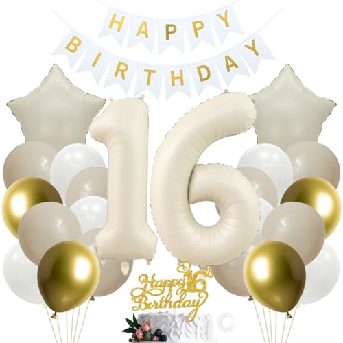 SNOWZAN 16. Geburtstag Deko für Mädchen und Jungen - Weiß Gold Party Set mit Kuchen Topper - 16th Birthday Decorations für 16 Jahre Geburtstagsdeko von SNOWZAN