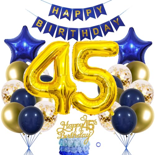 SNOWZAN 45. Geburtstag Dekorationen Blau Gold frauen Männer Deko 45 Geburtstag Männer 45 Jahre geburtstag Deko Luftballon 45. Geburtstag Luftballon Girlande 45 Jahre Geburtstagsdeko Tortendeko 45 Deko von SNOWZAN