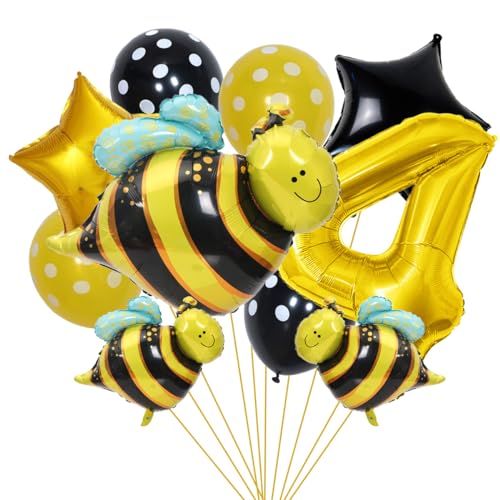 SNOWZAN Bienen Geburtstagsdeko 4. Geburtstag Mädchen Junge Biene Deko Luftballons Biene 4 Jahre Geburtstag Deko Gelb Bienen Folienballon Zahlen Ballon Zahl 4 Für Biene Kinder Geburtstag Bee Party von SNOWZAN