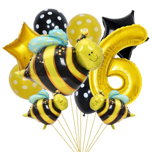 SNOWZAN Bienen Geburtstagsdeko 6. Geburtstag Mädchen Junge - Luftballons, Folienballon, Zahlen Ballon Zahl 6 - Gelb Deko Für Kinder Bee Party von SNOWZAN