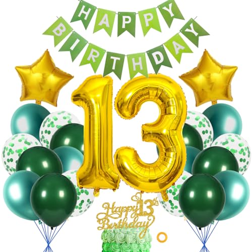 SNOWZAN 13. Geburtstag Deko Set Grün Gold für Mädchen und Jungen - Mit Happy Birthday Banner von SNOWZAN