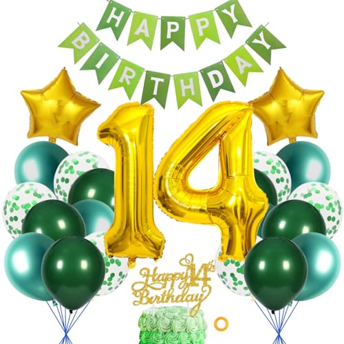 SNOWZAN 14. Geburtstag Deko Set Grün Gold für Mädchen und Jungen - Mit Happy Birthday Banner von SNOWZAN