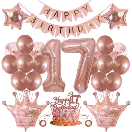 SNOWZAN Deko 17 Geburtstag Mädchen Partydeko Geburtstagsdeko Luftballons 17.geburtstag Deko Mädchen Rosegold Tortendeko 17.geburtstagsdeko 17 Mädchen 17 Jahre Geburtstag Deko Happy Birthday Banner von SNOWZAN