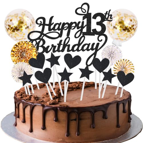SNOWZAN Happy 13th Birthday Tortendeko Schwarz Gold 13 Jahre Mädchen Jungen Kuchendeko 13.geburtstag Cake Topper Tortendeko 13 Geburtstag Mädchen Tortendeko Stern Herz Für 13. Geburtstag Kuchen Deko von SNOWZAN