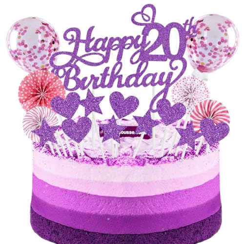 SNOWZAN Tortendeko 20. Geburtstag Purpur Rosa Kuchen Topper Happy Birthday Cake Topper Kuchendeko Junge Mädchen von SNOWZAN