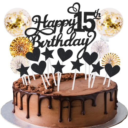 Tortendeko 15. Geburtstag Schwarz Gold für Mädchen Junge - Happy Birthday Kuchen Deko Set mit Glitter Cake Topper - Kuchendeko für 15 Jahre Feier von SNOWZAN