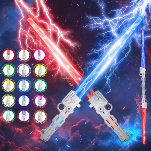 SOARFLY 2 Stück Laserschwert Kinder, Wiederaufladbare 15 Farben Laserschwert Kinder mit Soundeffekten, 2 IN 1 LED Lichtschwert, Ideal für Verkleidung Parteien Cosplay und Geburtstagsgeschenke von SOARFLY