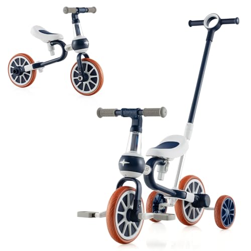 SOARS 4 in 1 Laufrad, Kinder Dreirad mit 4-stufig verstellbarem Schiebegriff, 2-stufigem Sattel, abnehmbaren Pedalen, Lauffahrrad Lauflernhilfe für Kinder ab 1 Jahre (Blau) von SOARS