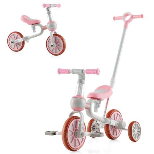 SOARS 4 in 1 Laufrad, Kinder Dreirad mit 4-stufig verstellbarem Schiebegriff, 2-stufigem Sattel, abnehmbaren Pedalen, Lauffahrrad Lauflernhilfe für Kinder ab 1 Jahre (Rosa) von SOARS