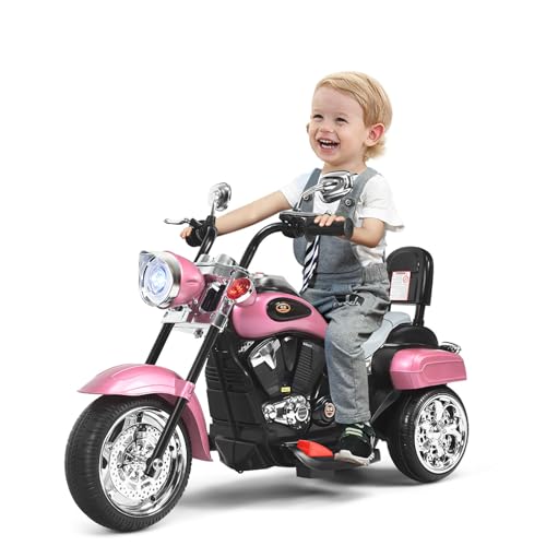 SOARS 6V Kinder Elektro Motorrad, Kindermotorrad Dreirad mit verstellbarem Scheinwerfer, Sound, Hupe, Rückspiegel, Pedale, 2,5-3 km/h, Elektrofahrzeug für Kinder ab 3 Jahren (Rosa) von SOARS