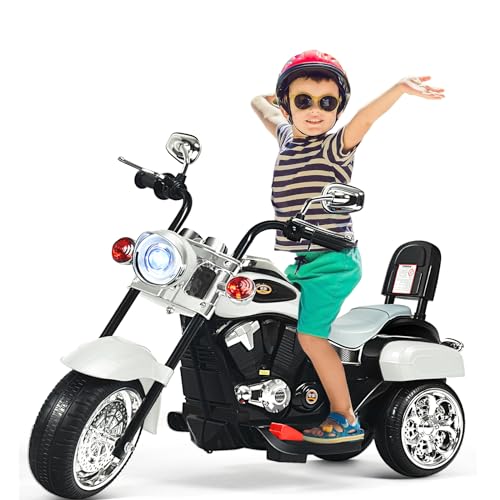 SOARS 6V Kinder Elektro Motorrad, Kindermotorrad Dreirad mit verstellbarem Scheinwerfer, Sound, Hupe, Rückspiegel, Pedale, 2,5-3 km/h, Elektrofahrzeug für Kinder ab 3 Jahren (Weiß) von SOARS