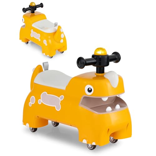 SOARS Kinderauto Dinosaurier, niedlich, mit Lichtern, Geräuschen, drückbaren Zähnen, Belastung 25 kg, versteckter Stauraum, Geschenk für Jungen & Mädchen, ab 18 Monaten (Gelb) von SOARS