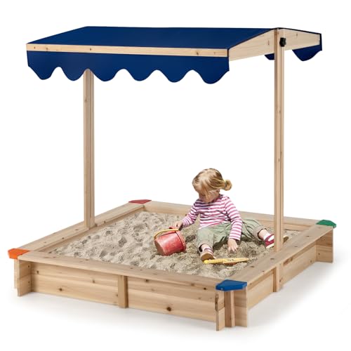 SOARS Sandkasten mit höhenverstellbarem Dach 120x120cm, Sandbox aus Tannenholz mit Sitzbänken, Sandkiste für Garten, Balkon & Strand von SOARS