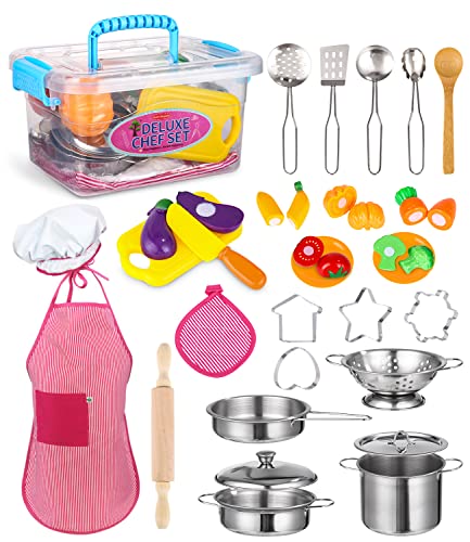 Kinderküche Spielküche Zubehör, Kinder Küchenspielzeug Lebensmittel Spielküche Edelstahl Pfannenset, Mit Schürze und Kochmütze, Küchenzubehör Holz für Kinder Jungen Mädchen Kinderküche Spielküche Zubehör, Kinder Küchenspielzeug Lebensmittel Spielküche Edelstahl Pfannenset, Mit Schürze und Kochmütze, Küchenzubehör Holz für Kinder Jungen Mädchen von SOBEAU