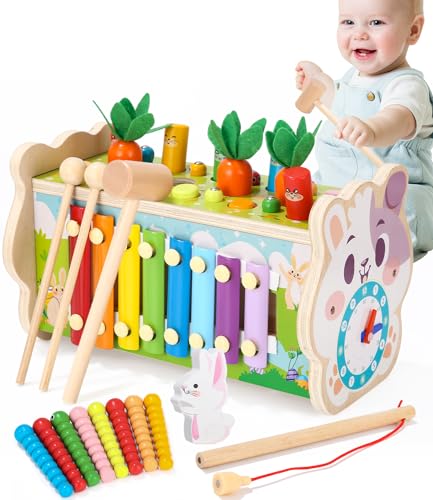 SOBEAU 8 in 1 Holzspielzeug hammerspiel ab 3 Jahr，Holz Montessori Musik Spielzeug，Xylophon，Karotte，Angelwurm，Zahnräder，Geschenkspielzeug für Kinder im Alter von 3 4 5 6 7 Jahren von SOBEAU