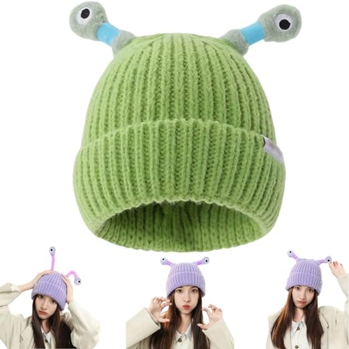 SOECOG Dmqwhtj – Niedliche leuchtende Monster-Strickmütze, lustige Herbst-Winter-Strickmütze für Eltern und Kinder mit warmem Ohrenschutz (Light Green, onesize) von SOECOG
