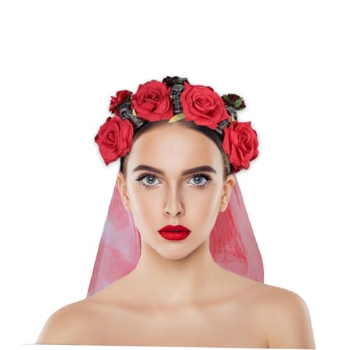 SOESFOUFU Halloween Haarreif mit Totenkopf und Roten Rosen Komfortables Stilvoller Kopfschmuck für Cosplay Party und Halloween Kostüm Auffälliges Accessoire für Damen und Mädchen von SOESFOUFU
