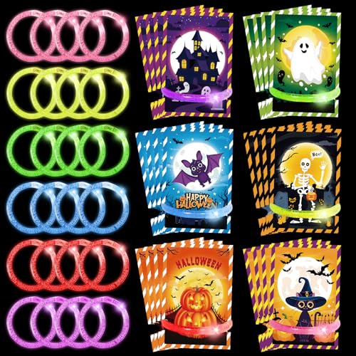 24 Stück Leuchtarmband Kinder + Halloween Karte, Led Armband Kinder Erwachsene, Halloween Party Mitgebsel, Blinkende Armbänder Bunt Leuchtspielzeug für Kindergeburtstag Helloween Party Zubehör von SOETDERT
