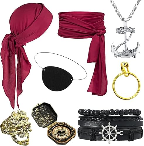 8 Stück Piratenkostüm Zubehör Damen Herren, Mittelalter Piraten Kostüm Piraten Kopftuch Pirat Augenklappe Anker Halskette Armband Goldene Ohrringe Totenkopfring für Karneval Halloween Cosplay von SOETDERT
