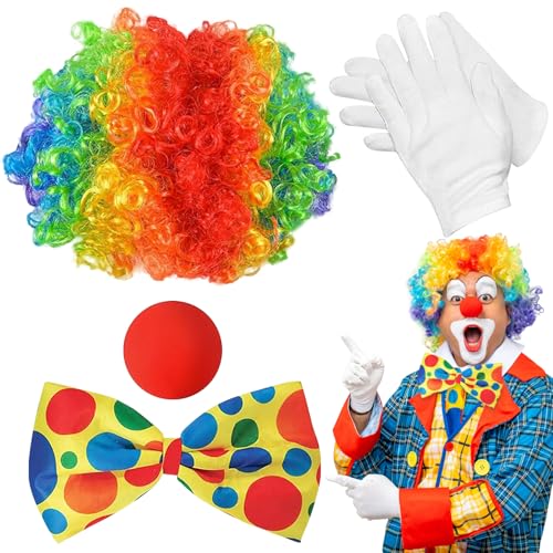 Clown Kostüm Accessoire, 4 Stück Clown Kostüm Set, Clown Perücke mit Clownsnase Rot, Bunte Krawatte, Handschuhe, Clownskostüm Karneval Kostüme für Kinder Damen Herren Fasching Halloween Cosplay Clown Kostüm Accessoire, 4 Stück Clown Kostüm Set, Clown Perücke mit Clownsnase Rot, Bunte Krawatte, Handschuhe, Clownskostüm Karneval Kostüme für Kinder Damen Herren Fasching Halloween Cosplay von SOETDERT