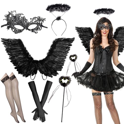 Engelsflügel Schwarz, Engel Kostüm Damen, Schwarzer Flügel Kostüm mit Heiligenschein und Zauberstab, Schwarze Flügel Halloween Kostüm Damen, Engelsflügel für Halloween Karneval Cosplay Party Engelsflügel Schwarz, Engel Kostüm Damen, Schwarzer Flügel Kostüm mit Heiligenschein und Zauberstab, Schwarze Flügel Halloween Kostüm Damen, Engelsflügel für Halloween Karneval Cosplay Party von SOETDERT