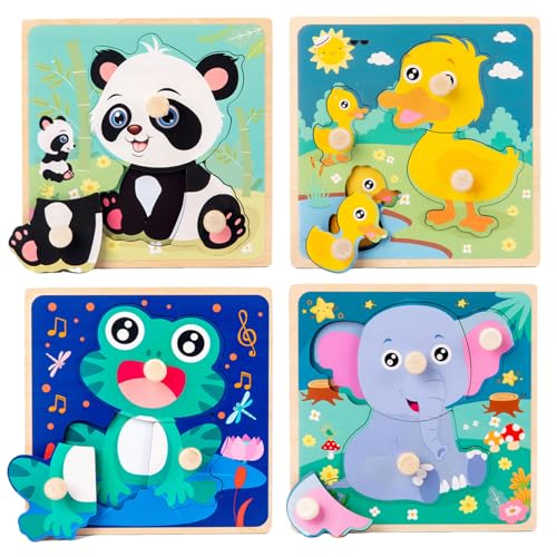 Holzpuzzle 1 Jahr, Steckpuzzle Holz ab 1 2 3 Jahr, Tier Holzpuzzle, Greifpuzzle Kinder, Montessori Spielzeug Holzspielzeug Baby Kinder Geburtstag Geschenk Lernspielzeug für Jungen Mädchen von SOETDERT