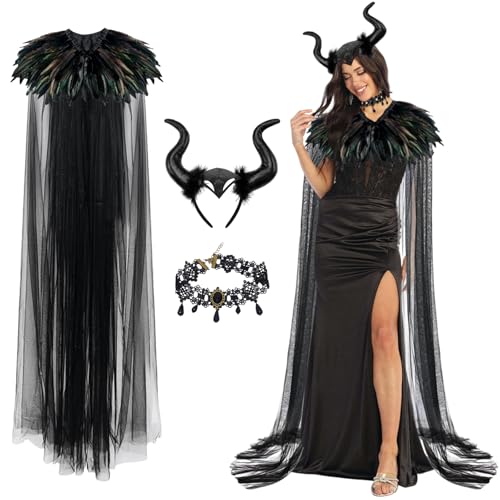 Maleficent Kostüm Damen, Halloween Kostüm Damen Maleficent, Schwarzer Tüll Umhang Lang mit Federkragen, Böse Königin Hörner, Gothic Feder Cape, Karneval Kostüm Fasching Halloween Cosplay Party von SOETDERT