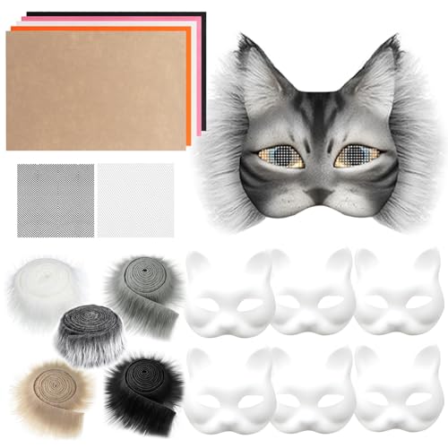 SOETDERT 6 Stück Katzenmasken zum Bemalen, Therian Mask, DIY Papier Maske mit Kuns Fell und Eye Mesh, Masken zum Bemalen, Masken Basteln Kinder für Halloween, Karneval, Maskerade, Cosplay Party von SOETDERT