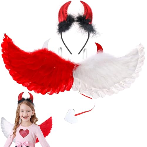 Engel Flügel Kostüm, 2 STK Engelsflügel Rot Weiß mit Teufelshörner, Engel Teufel Kostüm Damen Mädche Kinder, Angel Wings für Fasching Karneval Cosplay Party Kostüme, 62cm (Rot Weiß) von SOETDERT