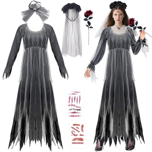 SOETDERT Halloween Kostüm Damen Geisterbraut, Zombie Braut Kostüm Damen, Vampir Langkleid Bräute Kostüme Damen Erwachsene Horror Braut Kostüm Fasching Hexenkleid für Halloween Karneval Cosplay von SOETDERT