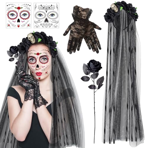 SOETDERT Halloween Kostüm Damen, Dia de los Muertos Kostüm, Tag der Toten Haarreif Schleier mit Rosen Totenkopf Gesicht Tattoo, Halloween Haarschmuck für Halloween, Karneval Kostüm Accessoires von SOETDERT