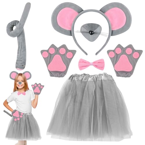 Maus Kostüm, 7 Stück Mauskostüm Damen Kinder mit Maus Ohren Haarreif, Tüllrock, Nase, Schwanz, Handschuhe, Fliege, Tier Kostüm Kinder Accessorie Karneval Kostüm Halloween Mottoparty Mädchen Damen von SOETDERT