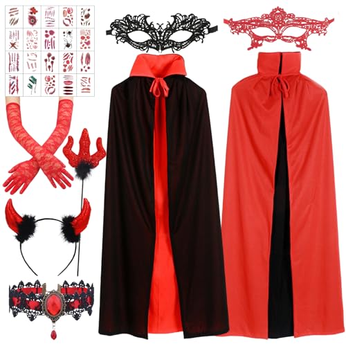 Teufel Kostüm Damen, Vampir Umhang Kostüm Set, Halloween Kostüm Damen Teufel, Wendbar Schwarz Rot Umhang Vampir Teufel Kostüm, Halloween Kostüm Damen Mädchen für Mottoparty Karneval Cosplay Party von SOETDERT