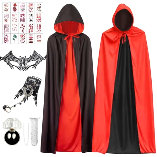 Teufel Kostüm Damen, Vampir Umhang Kostüm Set, Halloween Kostüm Damen Teufel, Wendbar Schwarz Rot Umhang Vampir Teufel Kostüm, Halloween Kostüm Damen Mädchen für Mottoparty Karneval Cosplay Party von SOETDERT