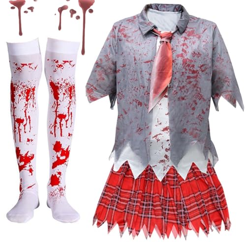 Zombie Schulmädchen Kostüm, Zombie Kostüm Kinder, Halloween Zombiekostüm Schülerin Damen mit Kariertem Rock, Graue Jacke, Blutige Krawatte und Socken für Halloween Fasching Karneval Party Dress Up Zombie Schulmädchen Kostüm, Zombie Kostüm Kinder, Halloween Zombiekostüm Schülerin Damen mit Kariertem Rock, Graue Jacke, Blutige Krawatte und Socken für Halloween Fasching Karneval Party Dress Up von SOETDERT