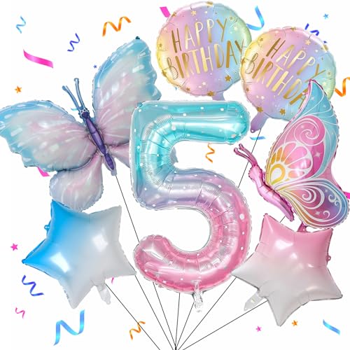 5 Jahre Schmetterling Geburtstag Deko, Schmetterling Folienballon 5 Jahre, Bunt Schmetterlinge Geburtstagsdeko Mädchen, Zahl 5 Luftballon für Kinder Geburtstag Mädchen Deko von SOETDERT